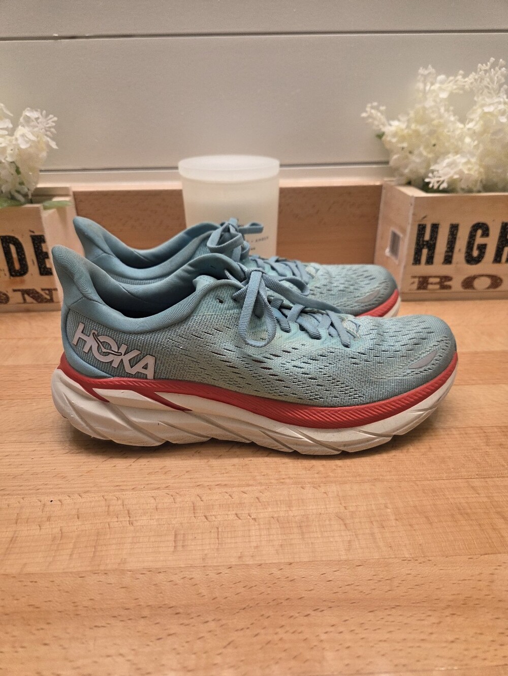 HOKA One One Clifton 8 Running Sneakers Aquarelle/Eggshell Blue Womens Size 7